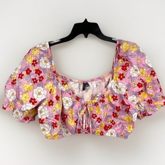 Vero Moda Pink Floral Print Puff Sleeve Tie Front Crop Blouse Size XL - Picture 1 of 10